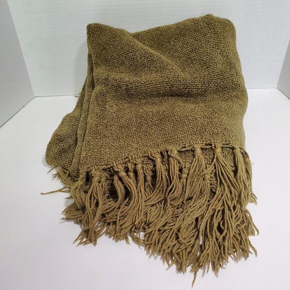 Pottery Barn Nubby Chenille Throw Olive Green Fringe 58x50 Sofa Chair Blanket - Picture 1 of 13